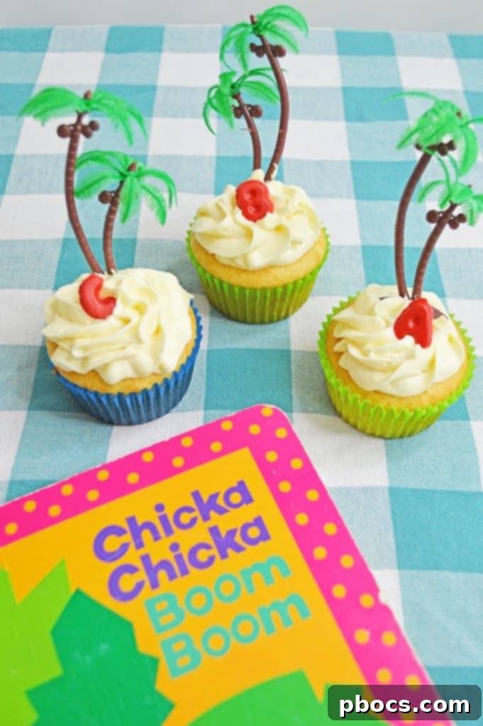 Chicka Boom Alphabet Treats 13 Another perspective of a decorated Chicka Chicka Boom Boom cupcake, showcasing the detail of the candy letters and palm tree.