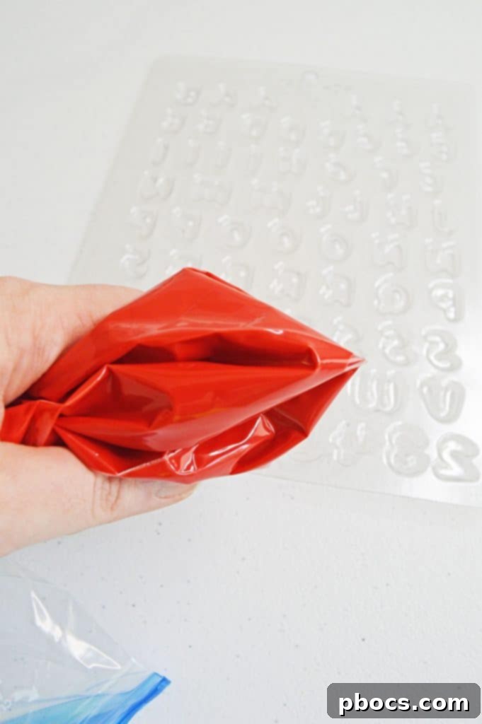 Chicka Boom Alphabet Treats 7 Melted candy being piped from a piping bag into silicone alphabet letter molds.