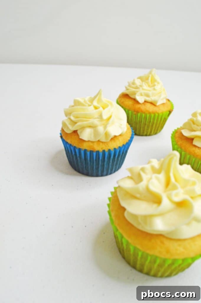 Chicka Boom Alphabet Treats 10 A cupcake being frosted with creamy white frosting using a piping bag.