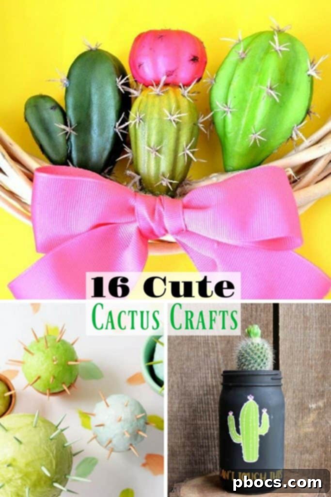 Collection of colorful and cute cactus crafts, including a neon light, paper plants, and a cactus wreath, set against a vibrant background.