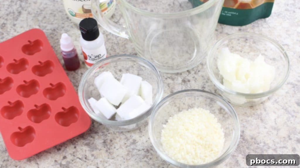 Craft Your Own Apple Lotion Bars 3 Shea butter, coconut oil, and beeswax pellets melting in a glass measuring cup in the microwave.