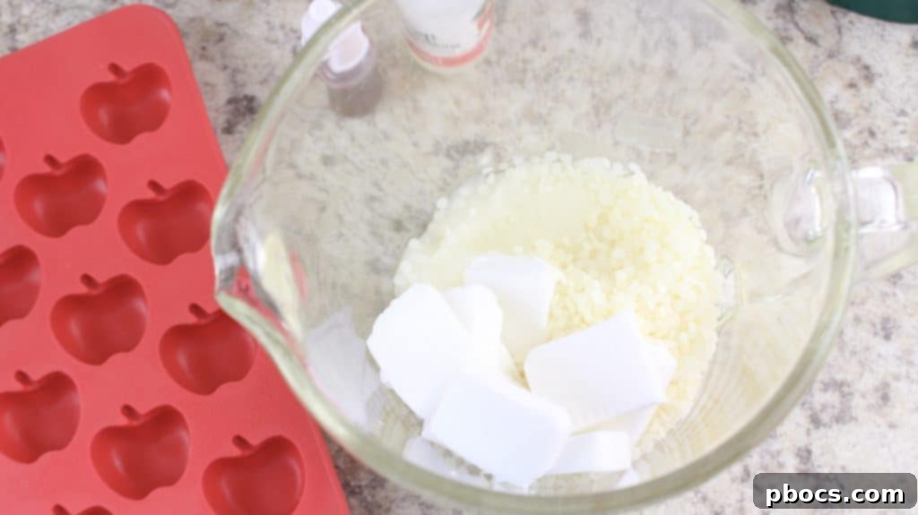Craft Your Own Apple Lotion Bars 4 A close-up view of the melted lotion bar ingredients being stirred to a smooth, clear consistency.