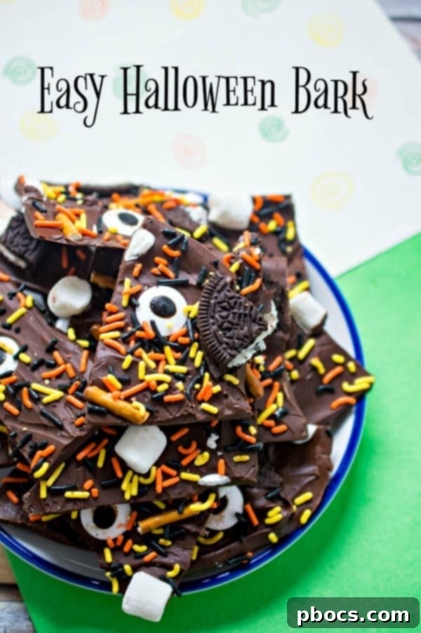 Delicious and Easy Halloween Candy Bark with Candy Eyes and Sprinkles