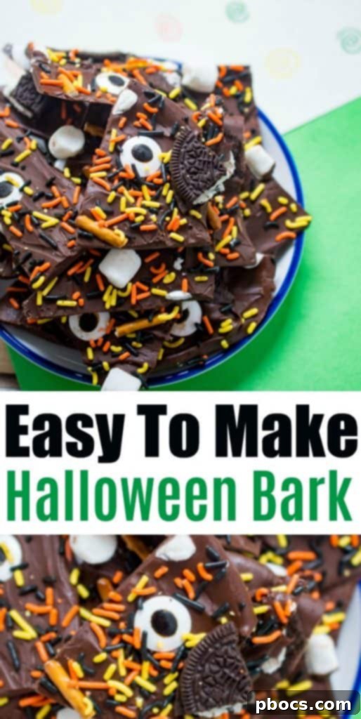 Pin for later: Easy Halloween Candy Bark recipe with vibrant toppings