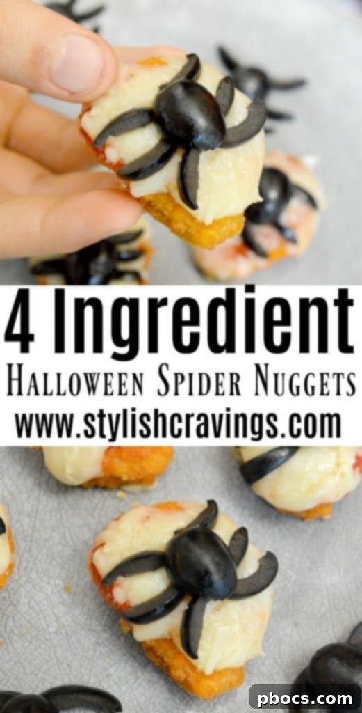 Pinterest graphic: 4 Ingredient Halloween Spider Nuggets, with finished spider bites.