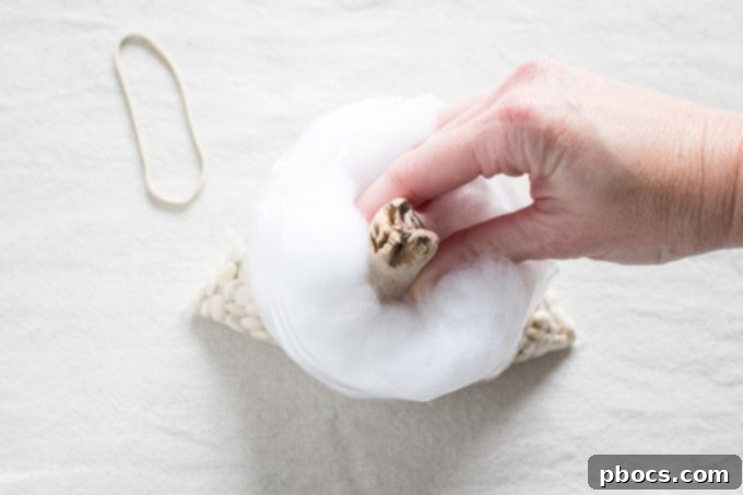 Inserting Driftwood Stem into Pumpkin Filling