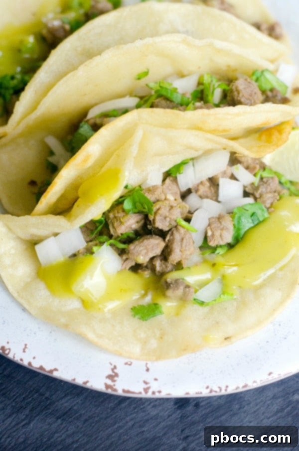 Effortless Instant Pot Street Tacos 3 Close-up of freshly prepared Instant Pot street tacos with vibrant garnishes