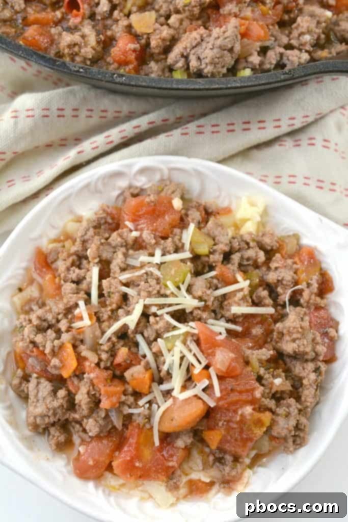Overhead shot of Keto Spaghetti Bolognese in a rustic bowl