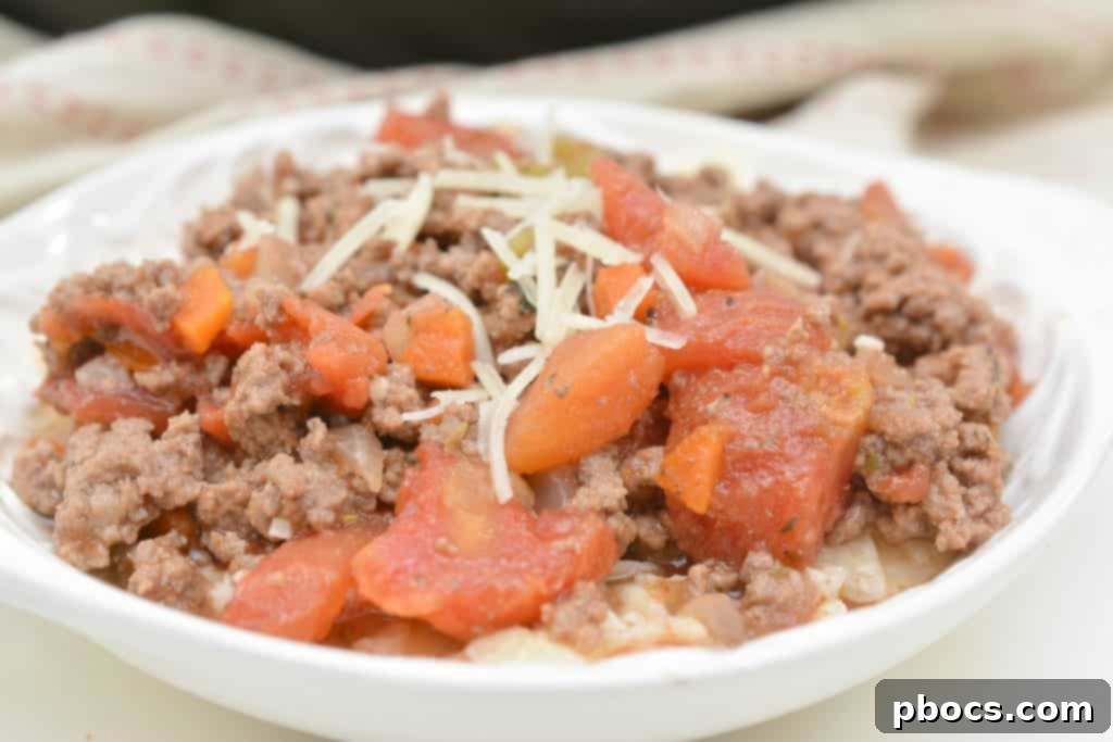 Close-up of bubbling Keto Spaghetti Bolognese sauce