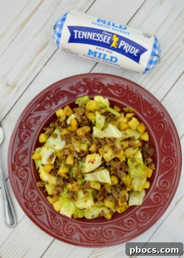 Delicious Sausage and Cabbage Potato Hash ready to be served