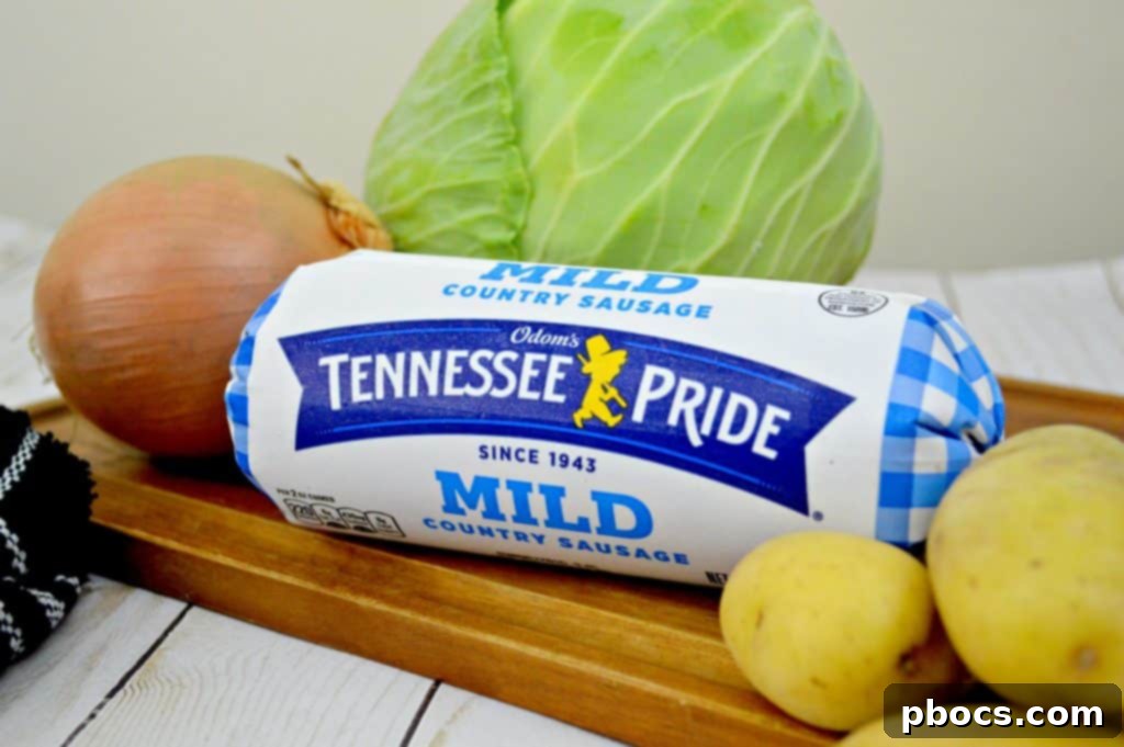 Close-up of golden brown Sausage and Cabbage Potato Hash in a skillet