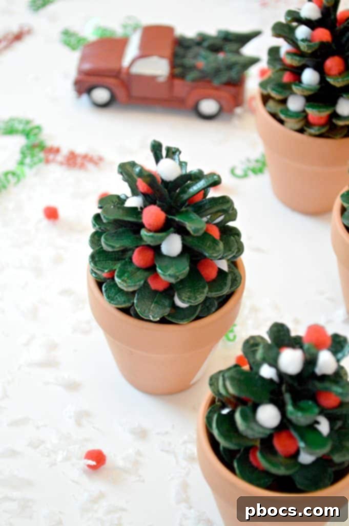 Decorated Pinecone Christmas Trees Display