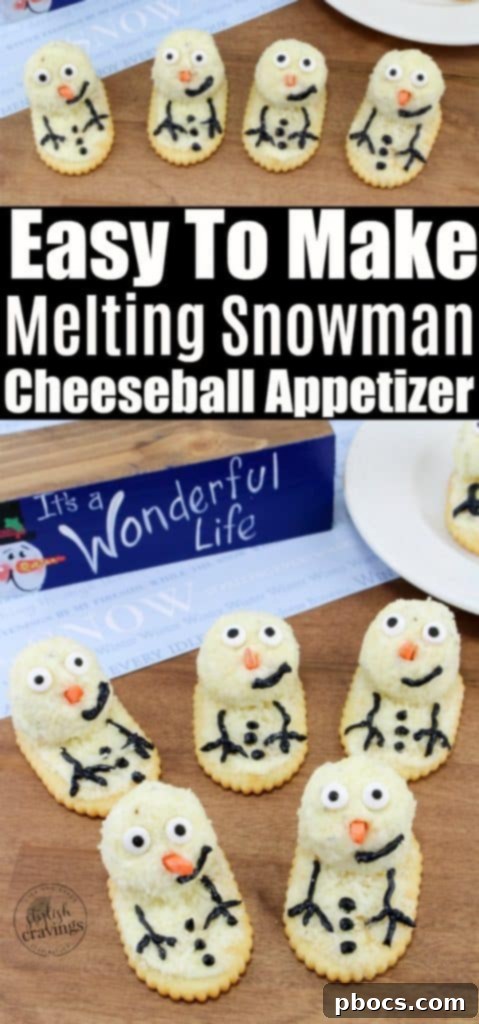 Frosty's Farewell Cheeseball 10 Melting Snowman Cheeseball - Festive holiday appetizer with editable eyes and carrot nose, perfect for Christmas parties. #holidayfood #christmas #snowman #funfood #easyrecipes #christmasideas #partyfood #Snowmancheeseball