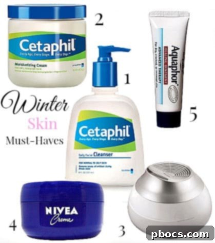 Conquer Winter Skin Woes 2 Essential winter skincare products for dry and sensitive skin, featuring cleansers, moisturizers, and a humidifier.