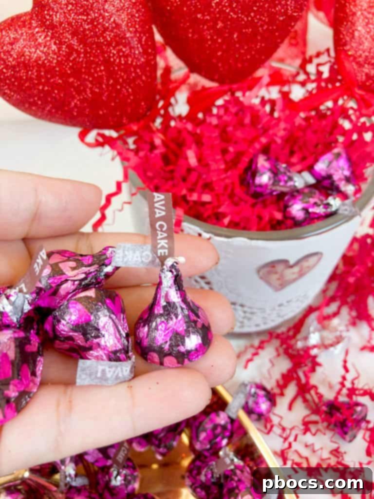 Homemade Valentine's Treat Dish 11 Close-up of the finished DIY Valentine's Day candy dish filled with HERSHEY'S Lava Cake Kisses, showcasing the intricate details.