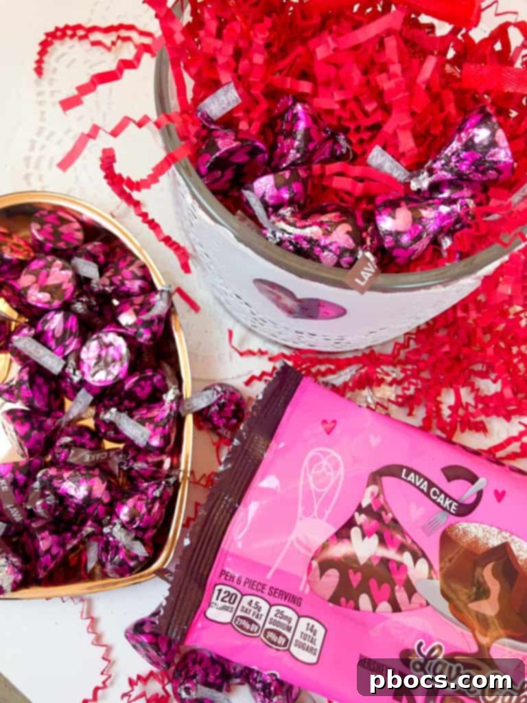 Homemade Valentine's Treat Dish 10 The completed DIY Valentine's Day candy dish, brimming with delicious HERSHEY'S Lava Cake Kisses chocolates, ready for gifting.