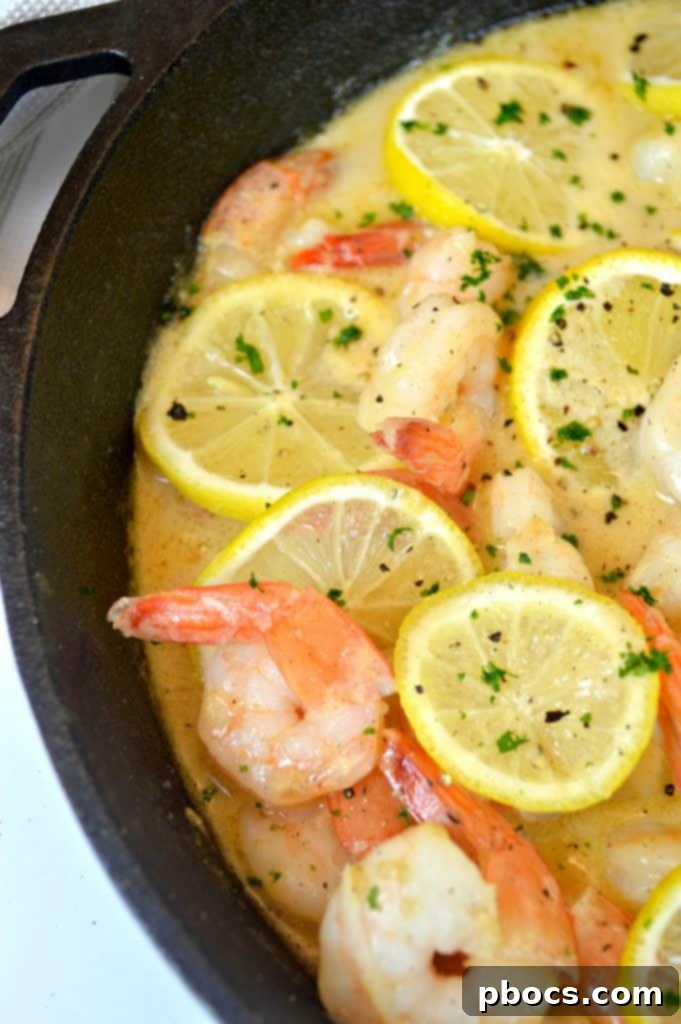 Close-up of Creamy Lemon Parmesan Shrimp, showcasing the rich sauce and succulent shrimp, perfect for a speedy dinner.