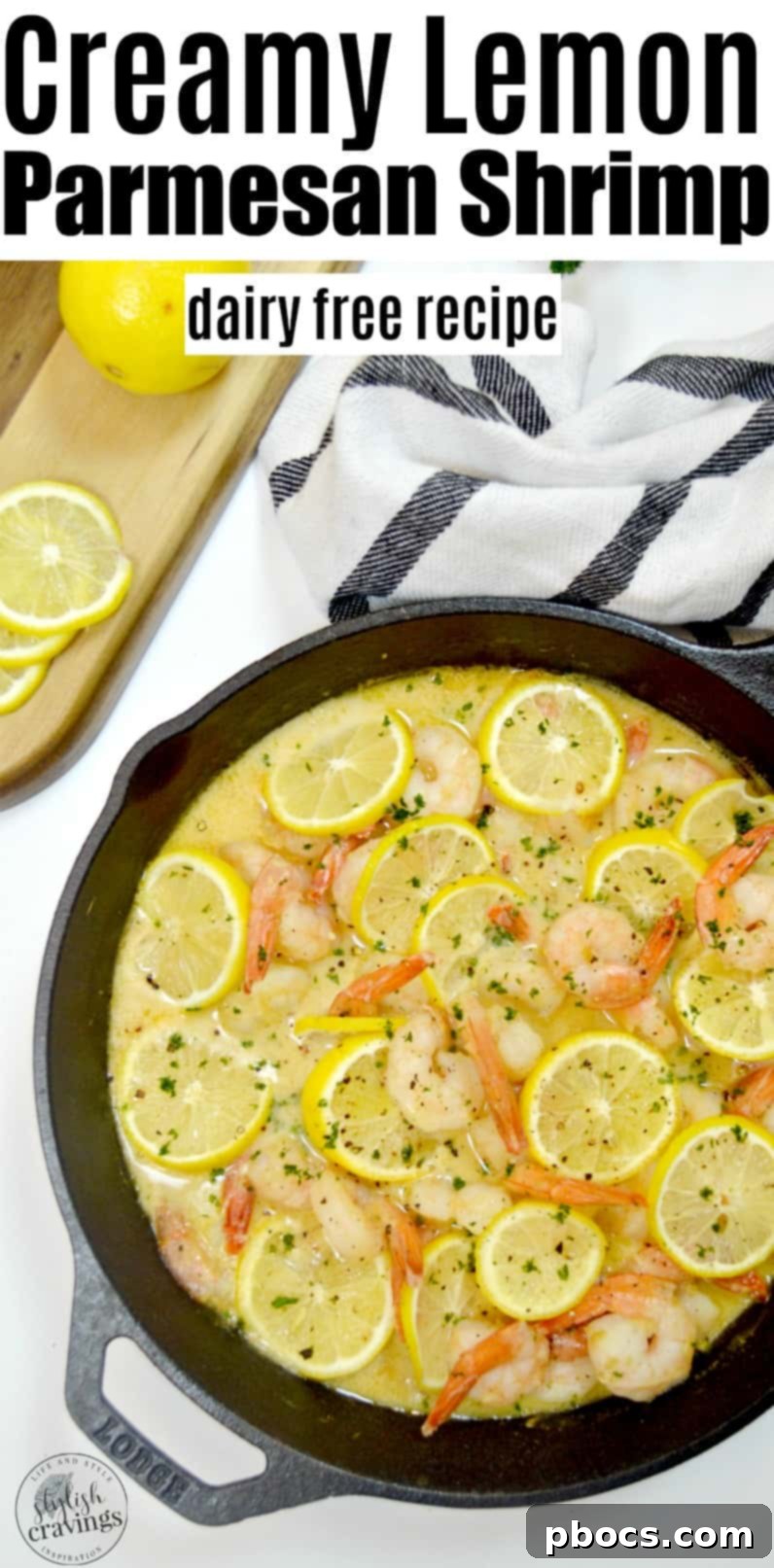Full plate of Creamy Lemon Parmesan Shrimp, garnished with fresh herbs and lemon slices, a perfect dairy-free dinner.
