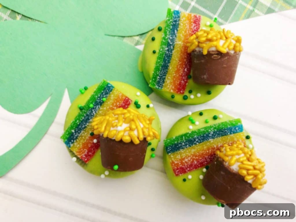 A green OREO cookie with a rainbow and a Rolo pot of gold covered in gold sprinkles, showcasing the final assembly.