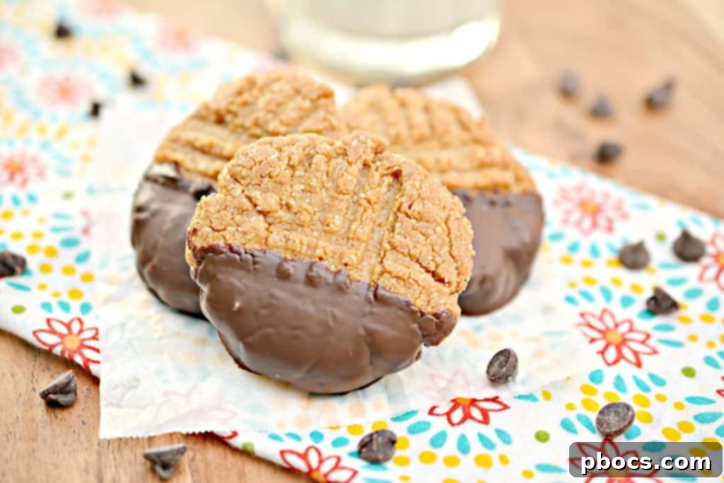A couple of Keto Chocolate Dipped Peanut Butter Cookies on a white surface