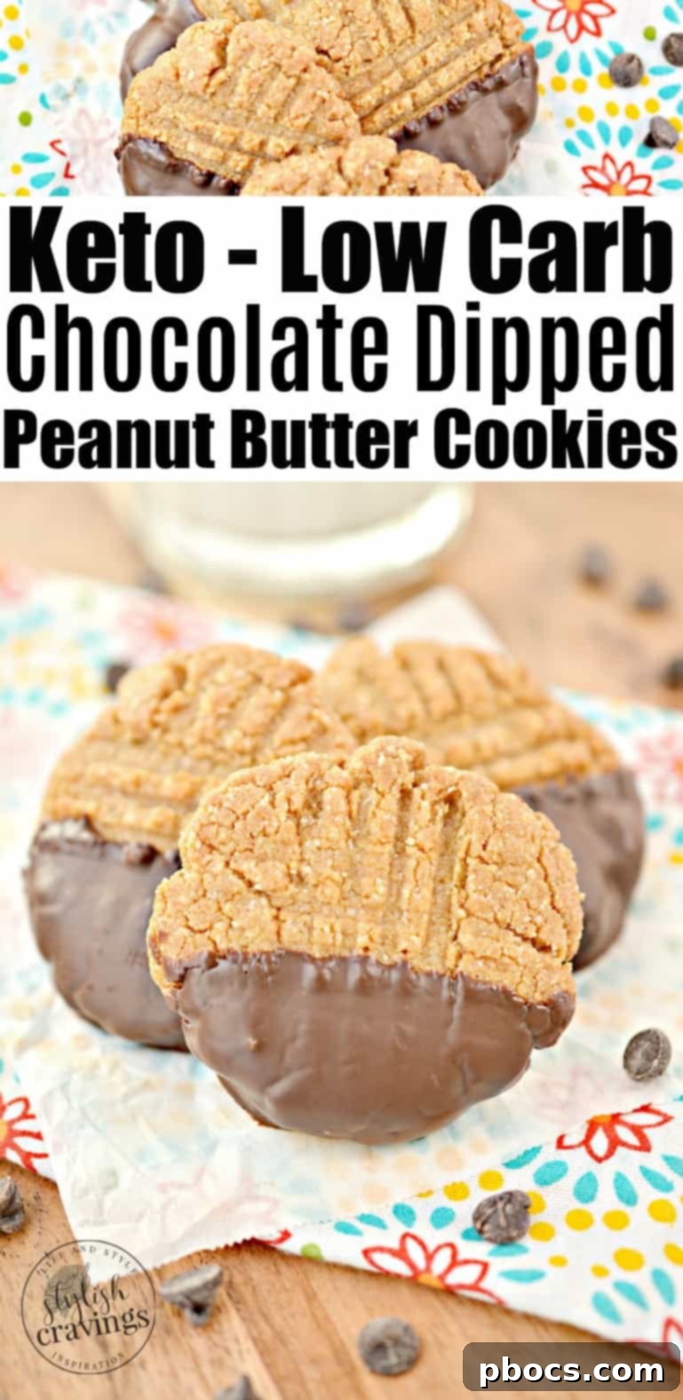 Pin graphic for Keto Chocolate Dipped Peanut Butter Cookies - #keto #ketorecipes #cookies #lowcarbcookies #ketocookies #penautbuttercookies #sugarfree