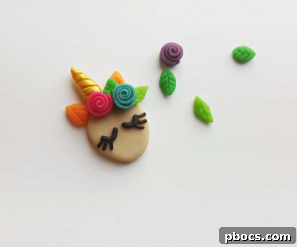 Craft Your Magical Clay Unicorn 19 Decorating Unicorn Head with Clay Flowers and Leaves