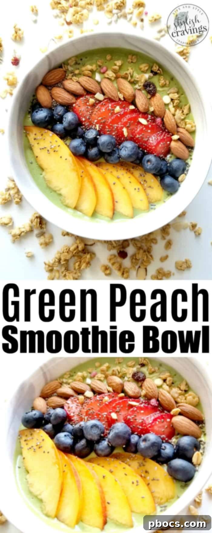 Pinterest-ready image of a healthy and easy green peach smoothie bowl with descriptive hashtags