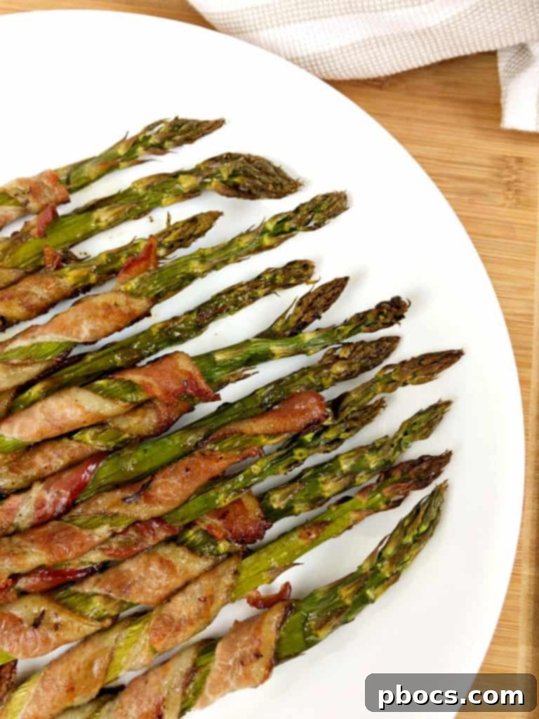 Close-up of crispy Keto Bacon Wrapped Asparagus