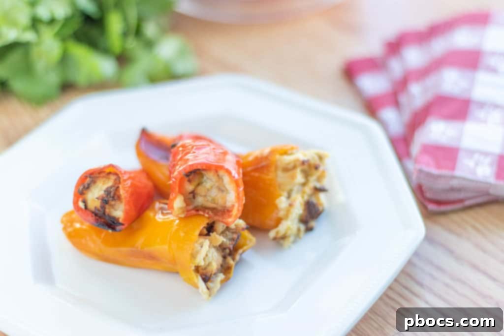 Close-up of baked Low Carb Stuffed Sweet Peppers with creamy chicken filling