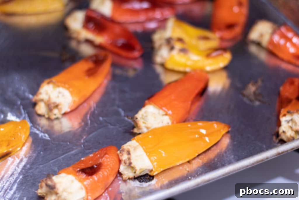 Low Carb Stuffed Sweet Peppers arranged on a baking sheet, brushed with olive oil, ready for baking