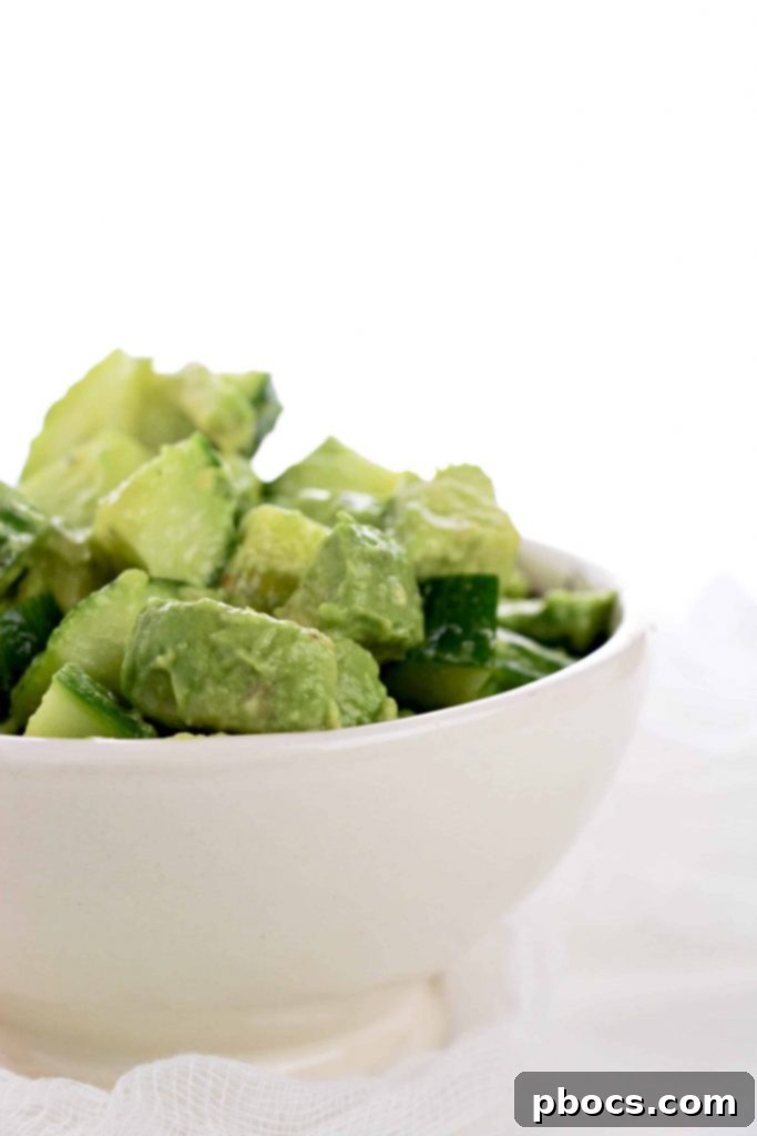 Close-up of Low Carb Avocado Cucumber Salad in a bowl
