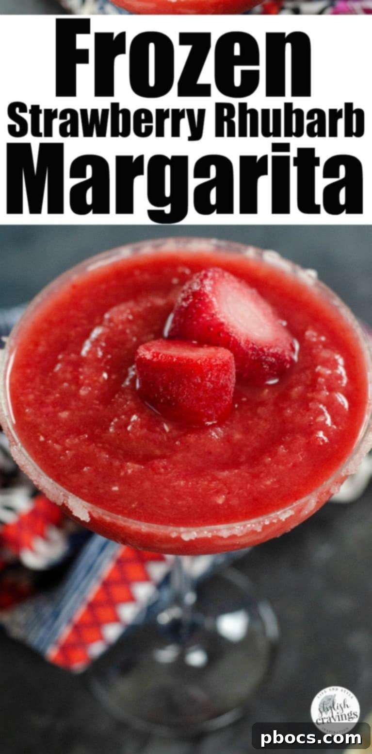 Large frozen strawberry rhubarb margarita with a creative hashtag description