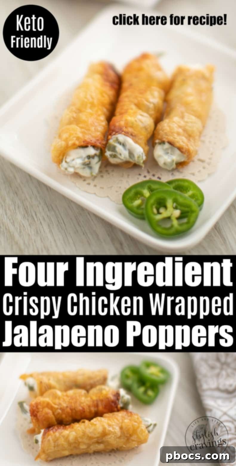 Dynamite Chicken Jalapeño Poppers 11 Vertical shot of Crispy Chicken Wrapped Jalapeno Poppers on a serving platter with text 'Pin for later!'