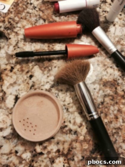 Applying mineral powder foundation with a fluffy brush for a quick, natural makeup look in a 5-minute routine