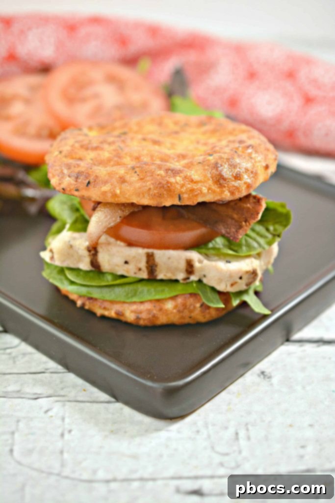 Mouthwatering Grilled Chicken BLT sandwich on a plate, featuring crispy bacon, fresh lettuce, juicy tomato slices, and grilled chicken, all nestled between golden keto cheese buns.