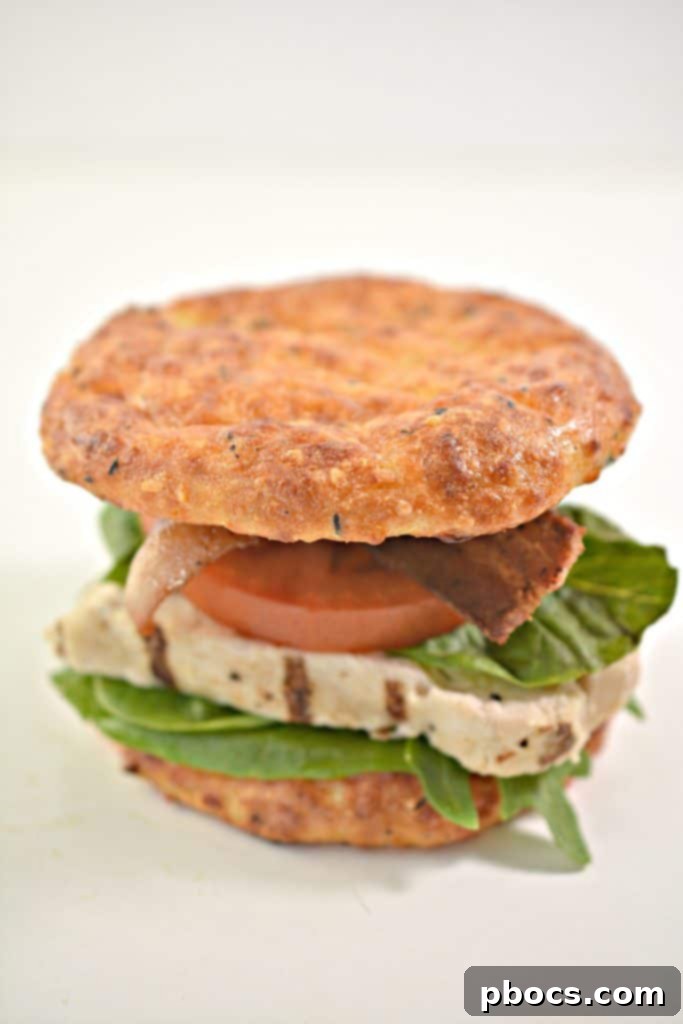 A fully assembled Grilled Chicken BLT sandwich on a keto cheese bun, ready to eat.