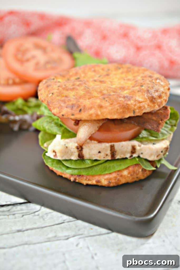 Close-up of a second Grilled Chicken BLT sandwich, showcasing the layered ingredients including grilled chicken, bacon, lettuce, and tomato, all held together by the distinct keto cheese buns.