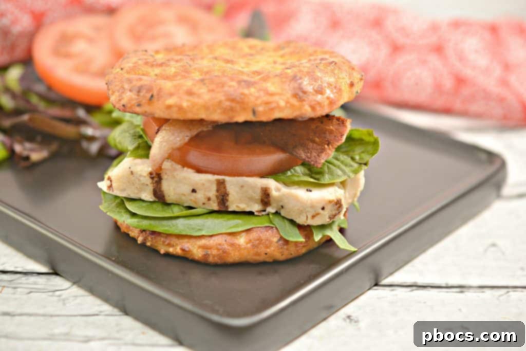 A beautifully assembled Grilled Chicken BLT on Keto Cheese Buns, presented as a full meal, ready to be enjoyed.