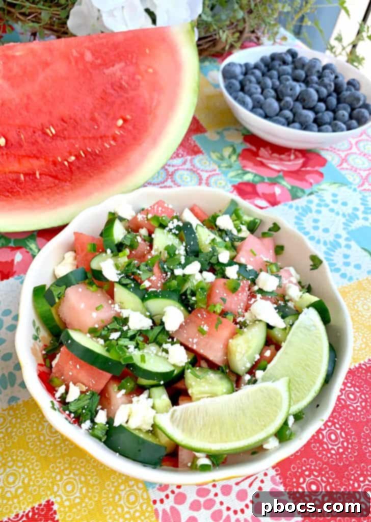 First Cookout with Watermelon Jalapeno Feta Salad 12 A close-up shot of the Watermelon Jalapeno Feta Salad, beautifully arranged to highlight the vibrant red watermelon, green jalapeños, and white feta cheese.
