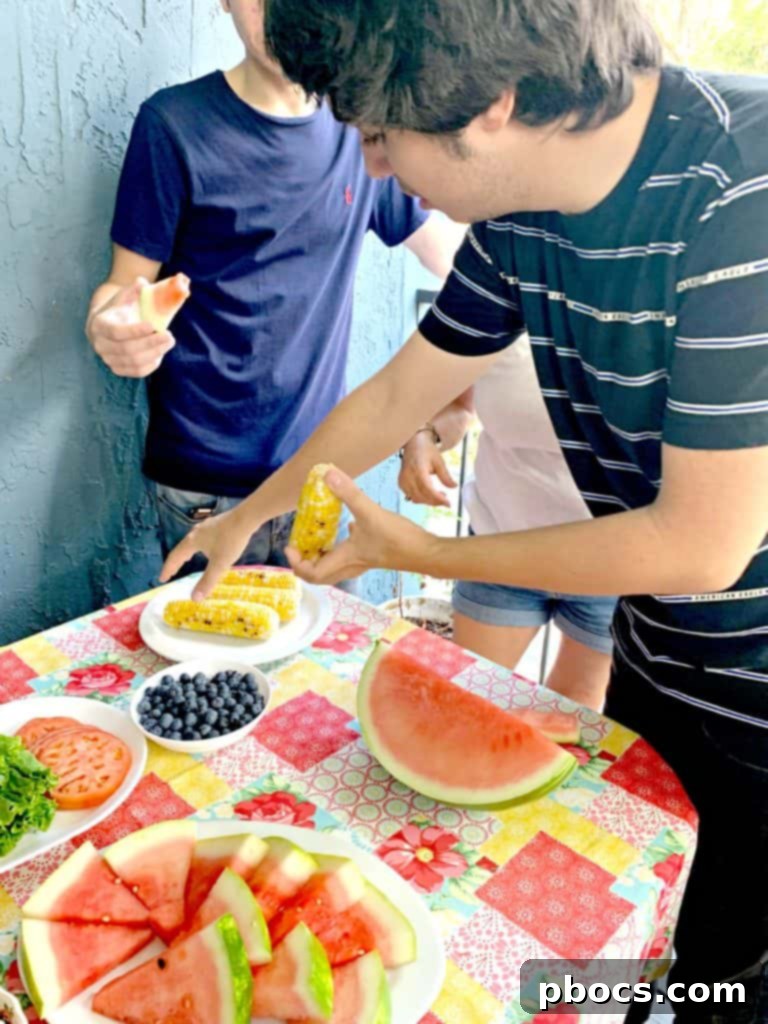 First Cookout with Watermelon Jalapeno Feta Salad 4 Delicious grilled sweet corn on the cob, lightly charred and glistening, a quintessential side dish for any summer cookout.
