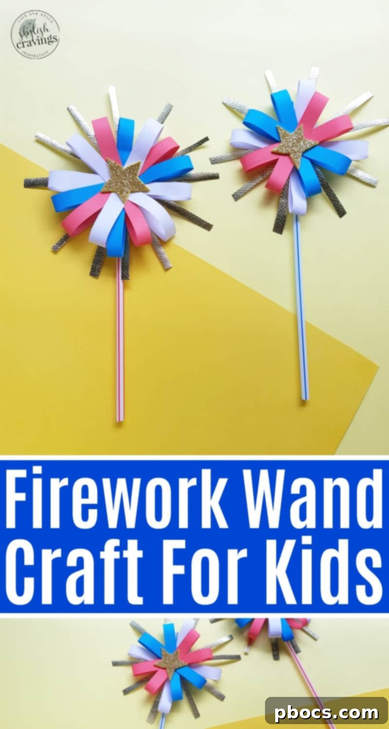 Vertical image of a finished paper firework wand being held, perfect for Pinterest