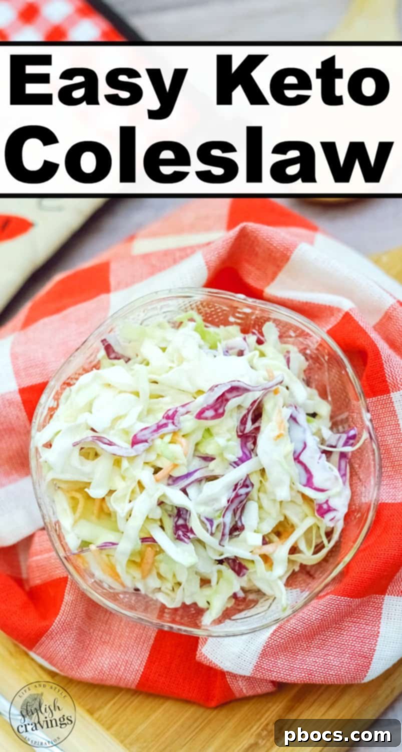Easy Keto Coleslaw Recipe - large vertical image for Pinterest, showing coleslaw in a bowl with various side dishes