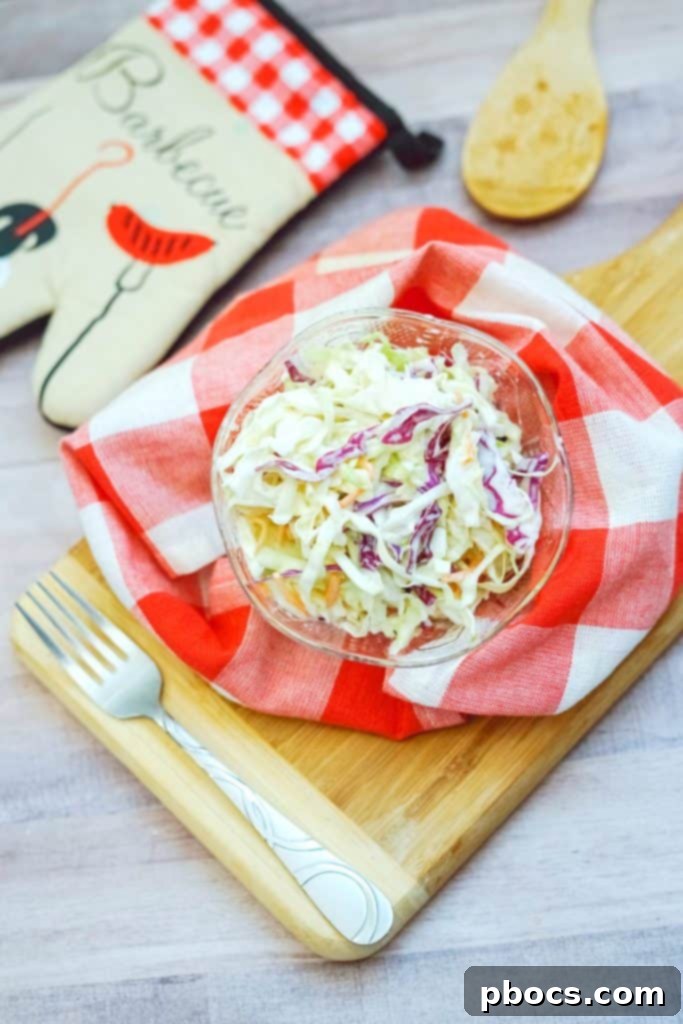 Close-up of Easy Keto Coleslaw Recipe in a serving bowl, showcasing its creamy texture