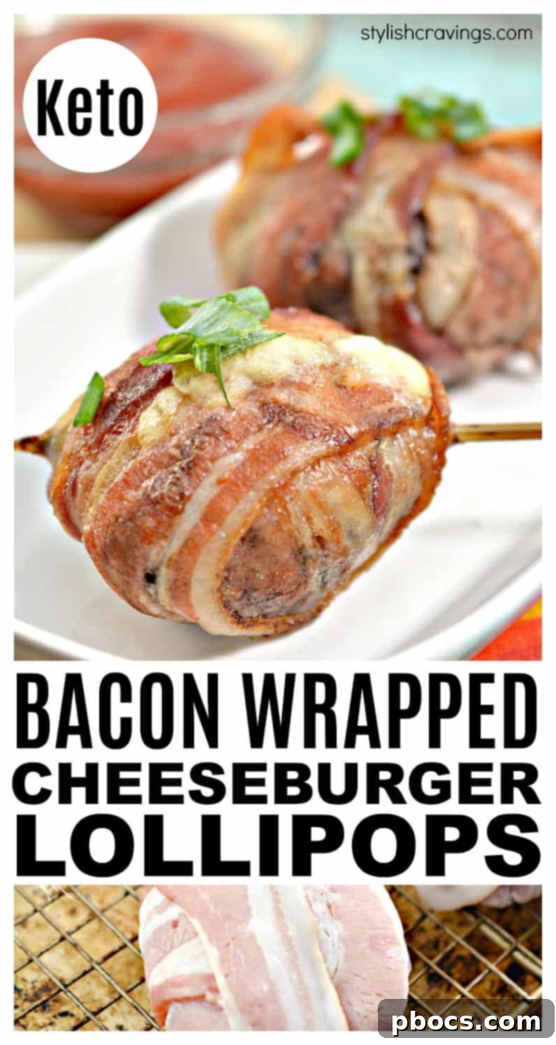 Keto Bacon Cheeseburger Pops 12 A Pinterest-optimized image for Keto Bacon Wrapped Cheeseburger Lollipops recipe, showing a stack of lollipops