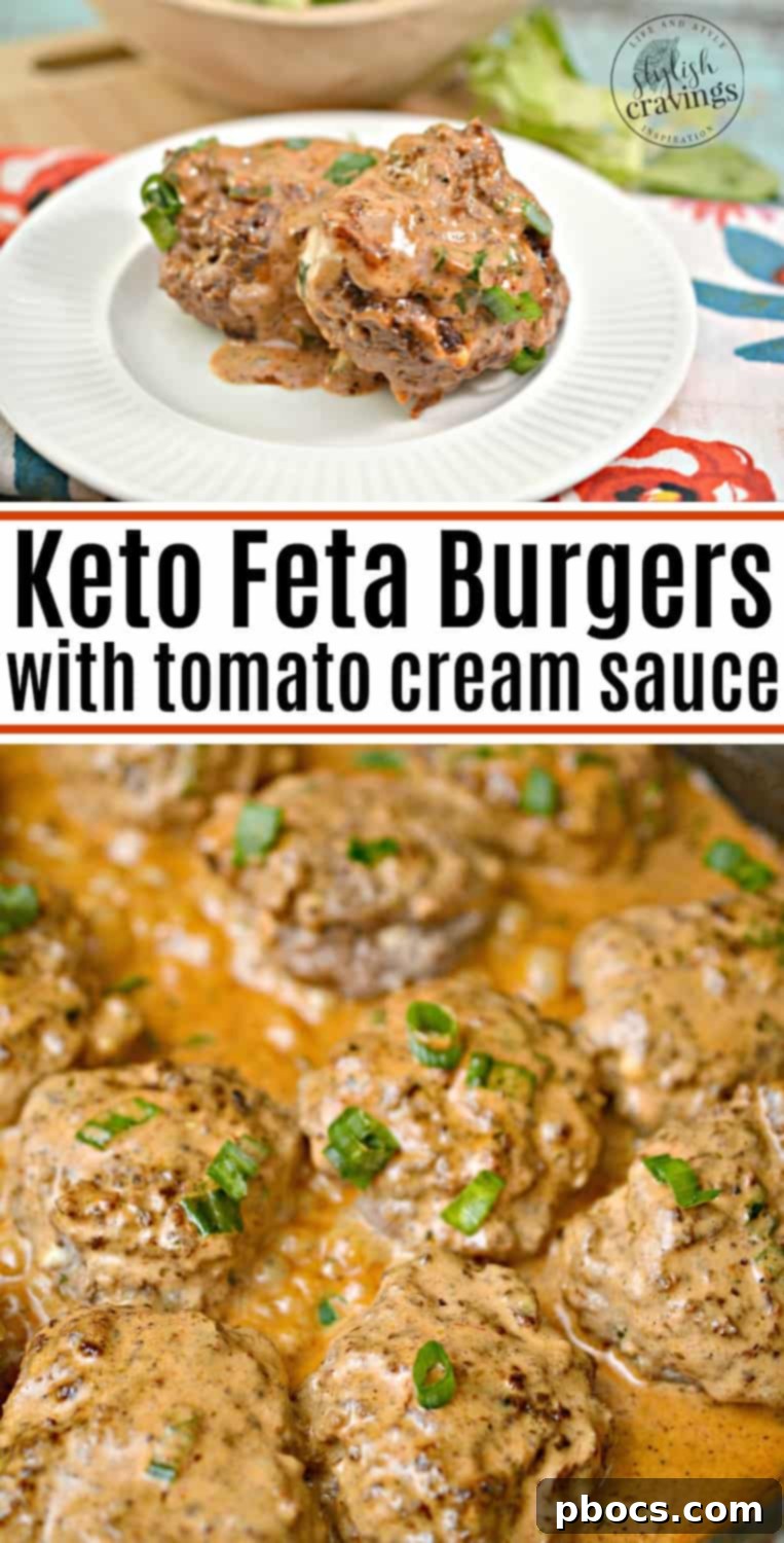Pinterest graphic for Keto Feta Burgers With Tomato Cream Sauce recipe