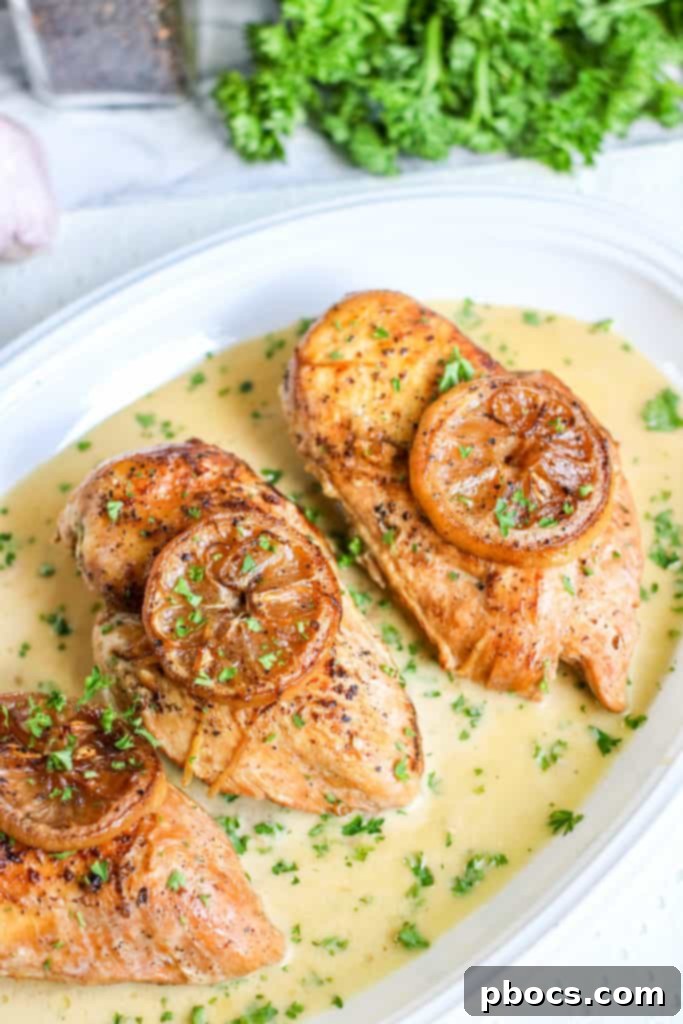 Velvety Lemon Keto Chicken 2 Low Carb Lemon Chicken, cooked and ready to serve on a plate with garnishes