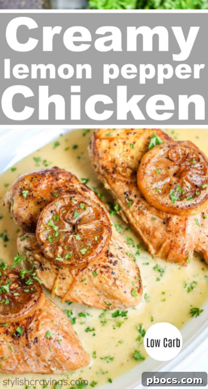 Velvety Lemon Keto Chicken 13 Low Carb Creamy Lemon Chicken, garnished with fresh parsley and lemon slices, presented beautifully for Pinterest