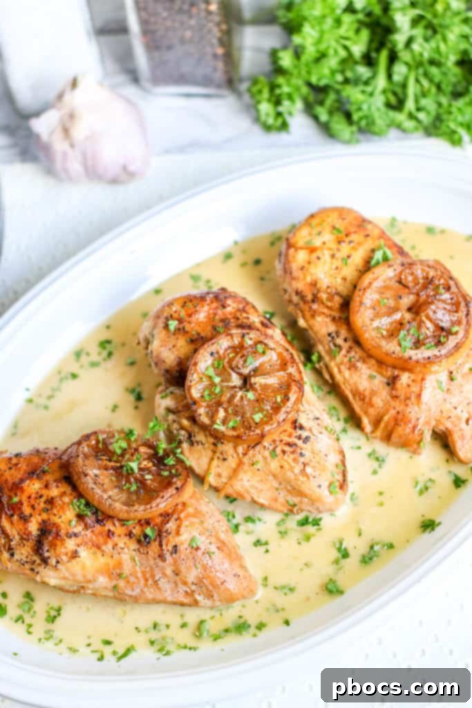Velvety Lemon Keto Chicken 6 A serving of Low Carb Creamy Lemon Chicken on a white plate