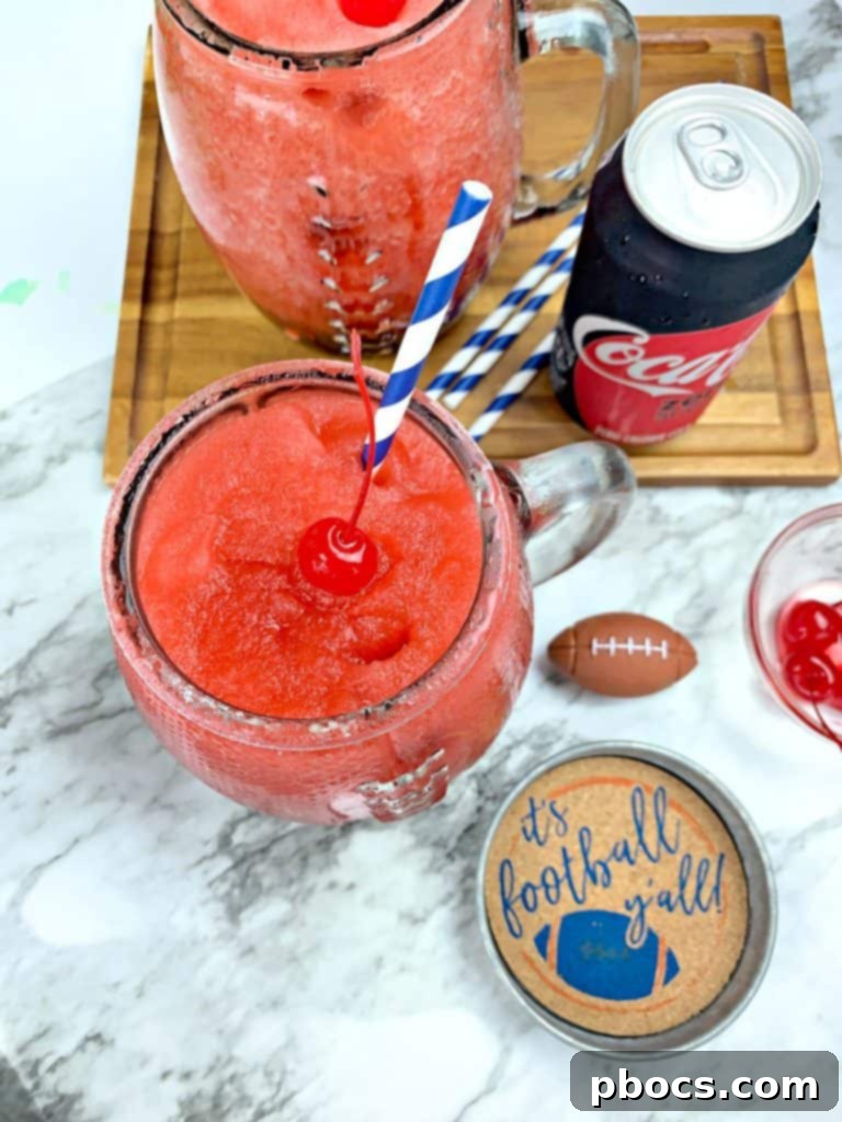 Ingredients for Cherry Frozen Bourbon Slushie including Coca-Cola Zero Sugar, bourbon, and cherry syrup