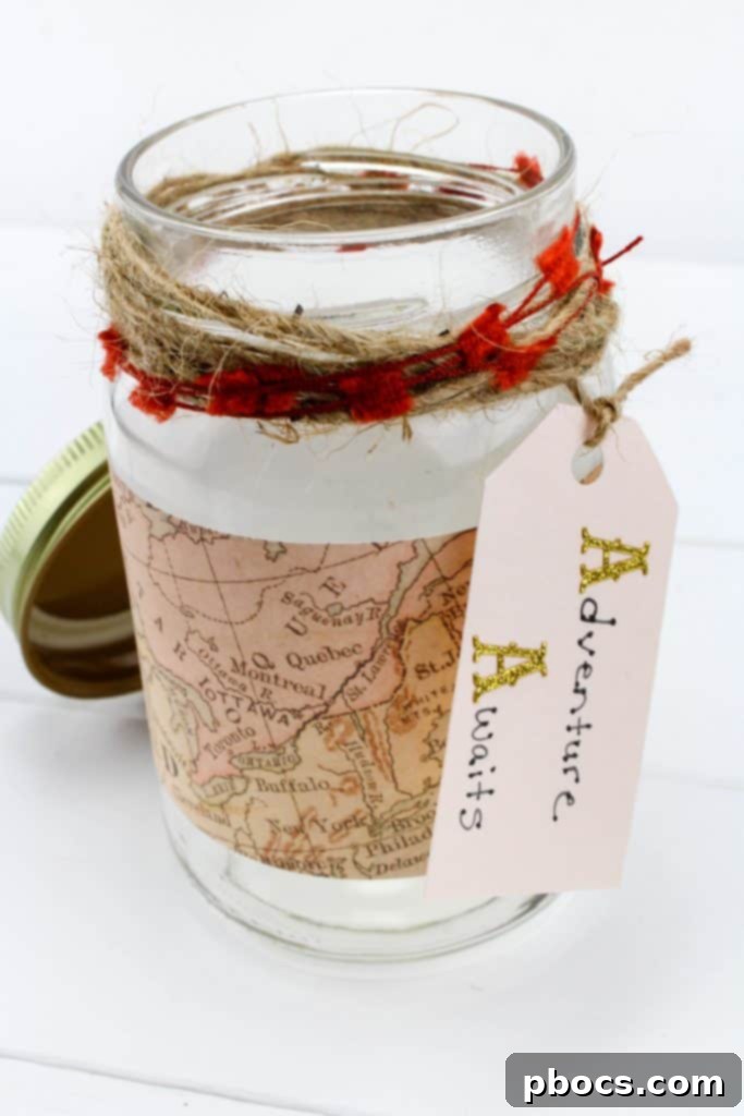 Finished Travel Fund Mason Jar Craft with money inside